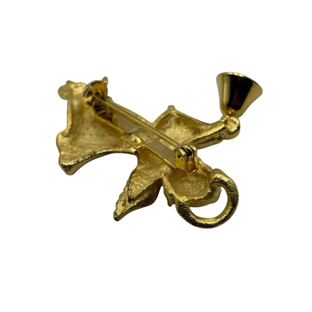 Flying Angel Brooch Pin w/ Bell Gold Tone Matte Textured VTG Religious Christian